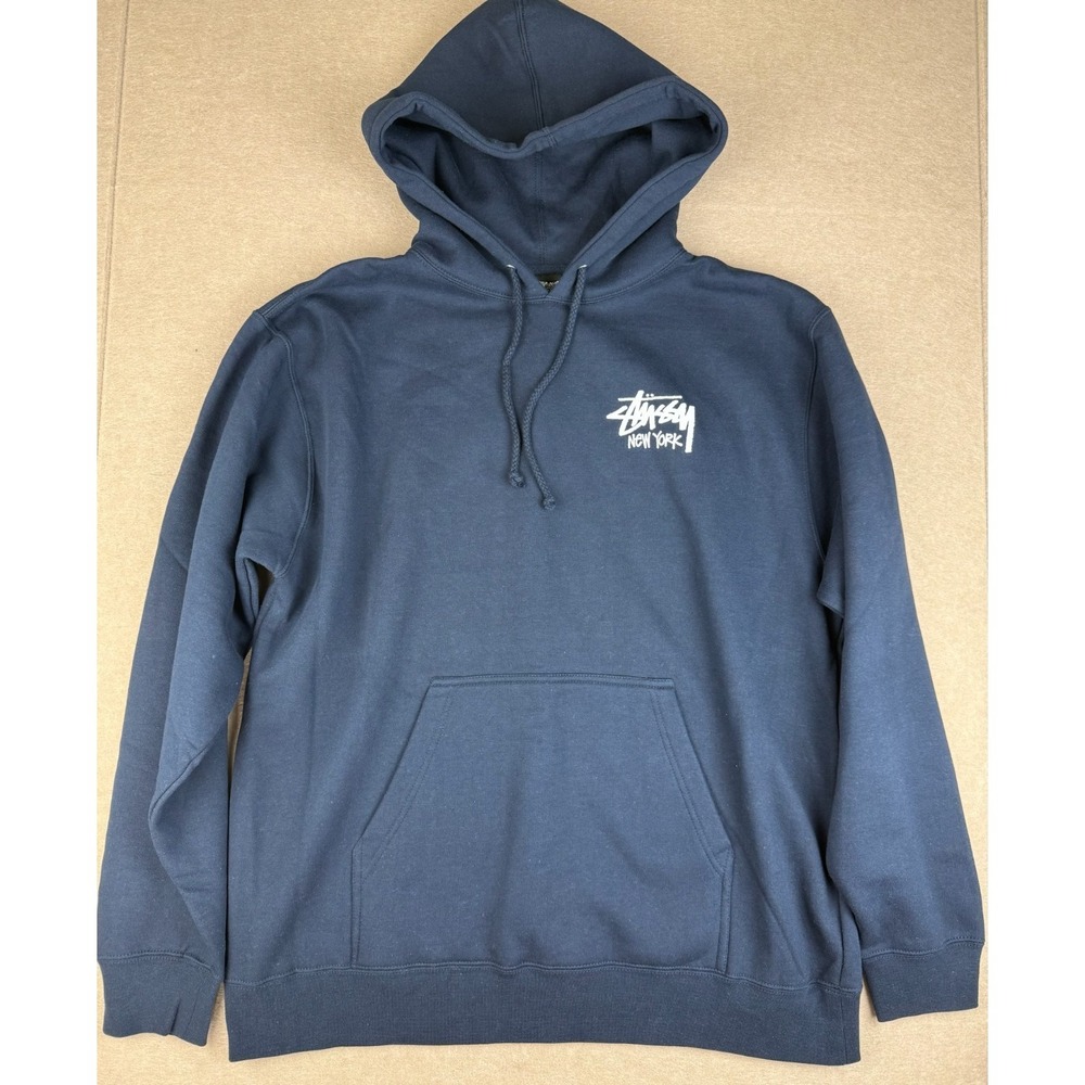 Stussy New York Hoodie Mens L Navy Streetwear Logo Pullover Sweatshirt USA